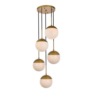 Pemberly Row Eclipse 5-Light Metal & Glass Pendant in Brass/Frosted White