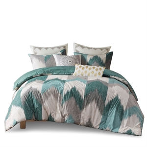 Pemberly Row Mid-Century Cotton Printed Comforter Mini Set in Aqua Blue