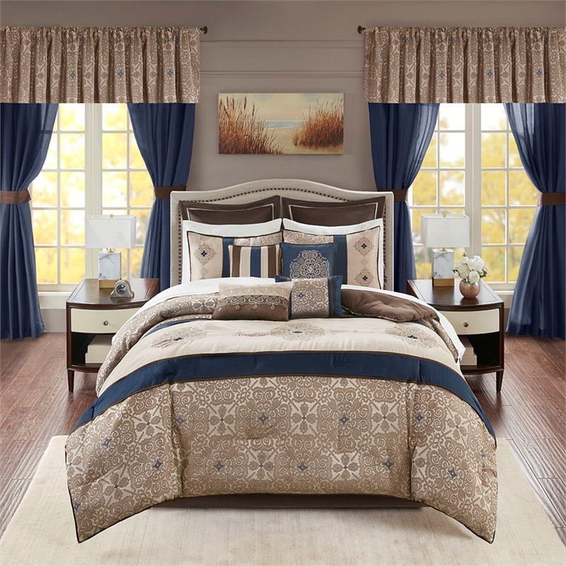 Pemberly Row Contemporary 24 Piece Room In a Bag in Navy Finish