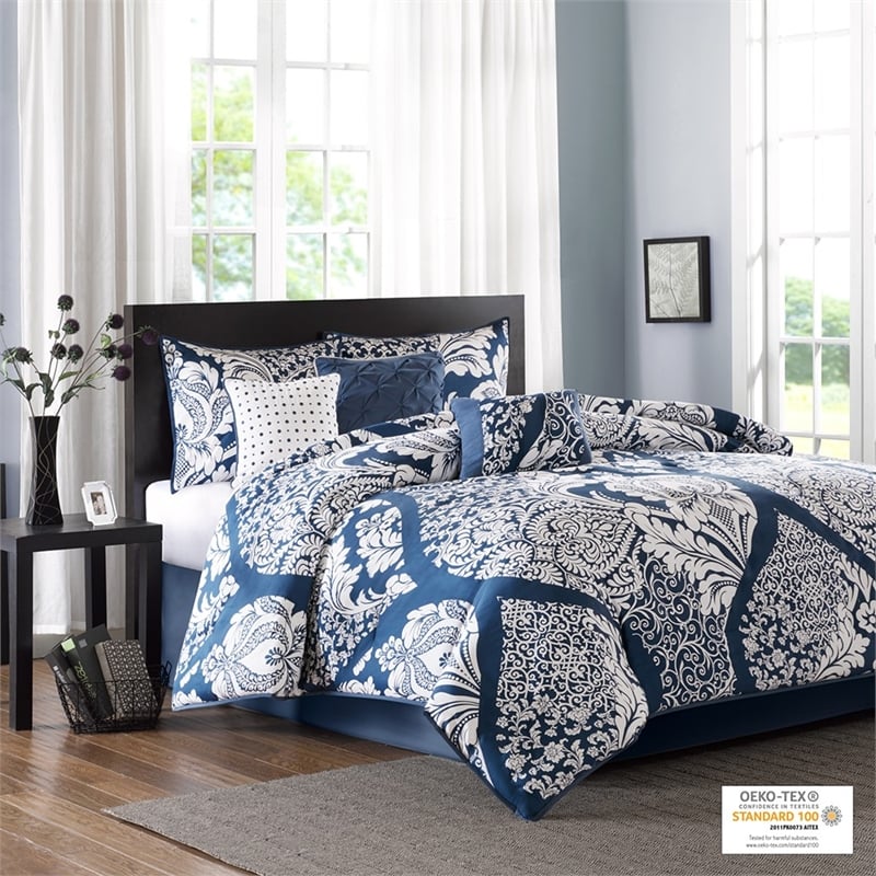 Pemberly Row Contemporary 7 Piece Cotton Printed Comforter Set in Indigo