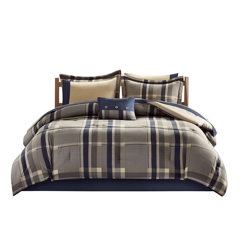 Pemberly Row Plaid Comforter Set with Bed Sheets in Navy Multi