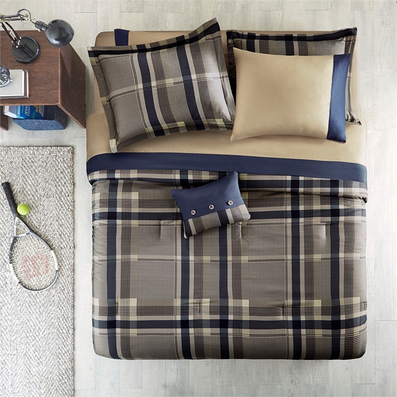 Pemberly Row Plaid Comforter Set with Bed Sheets in Navy Multi