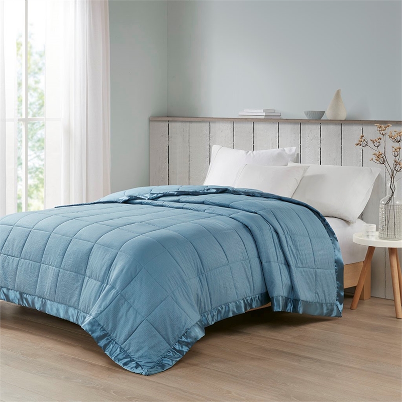 Pemberly Row Fabric Down Alternative Blanket with Satin Trim in Slate Blue