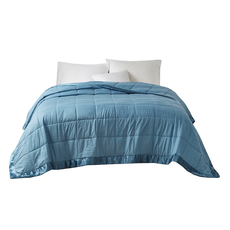 Pemberly Row Fabric Down Alternative Blanket with Satin Trim in Slate Blue