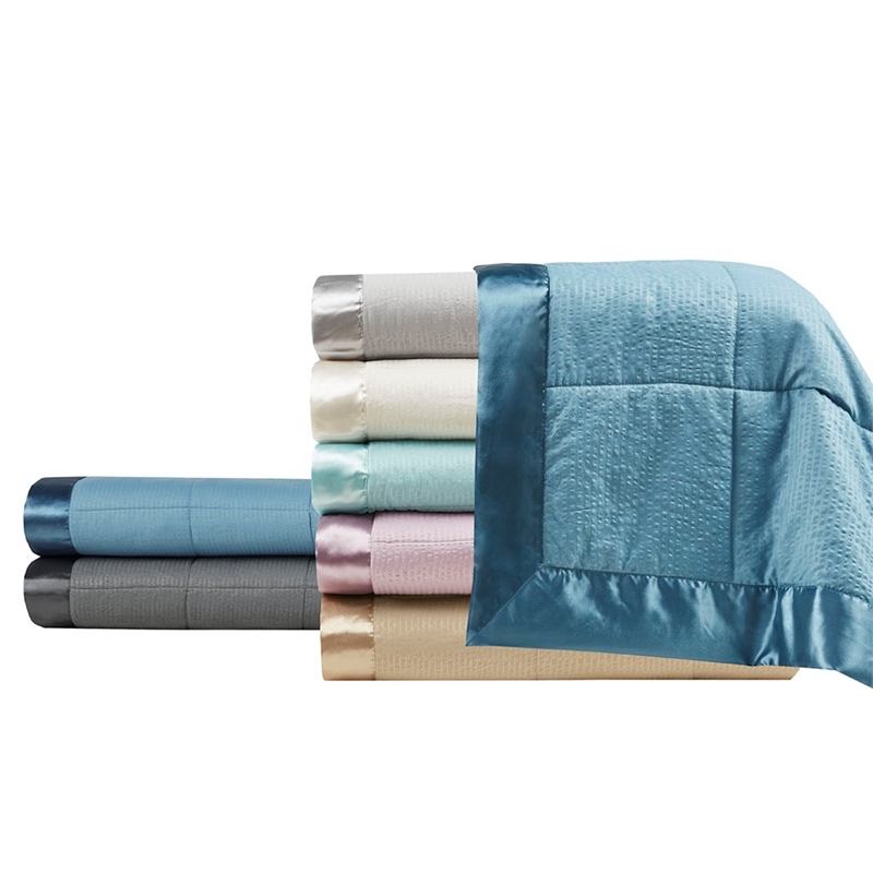 Pemberly Row Fabric Down Alternative Blanket with Satin Trim in Slate Blue