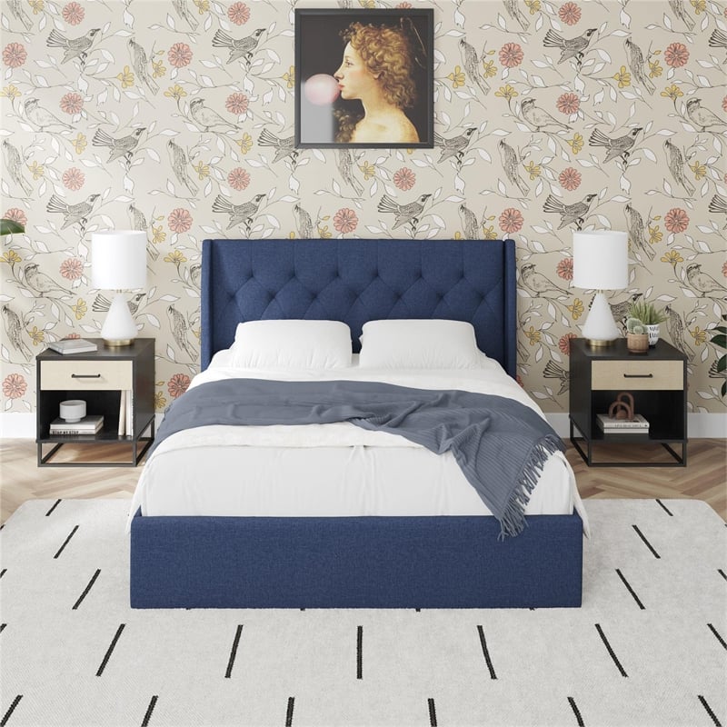 Pemberly Row Contemporary Lift Up Storage Queen Bed Frame in Blue Linen