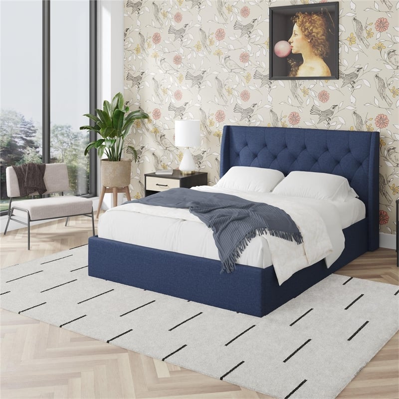 Pemberly Row Contemporary Lift Up Storage Queen Bed Frame in Blue Linen