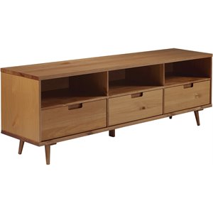 Pemberly Row 70&quot 3 Drawer Solid Wood TV Stand with 3-Cubbies in Caramel