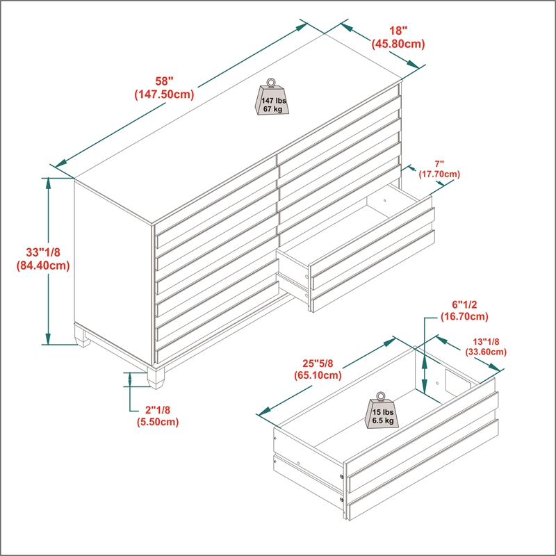 Pemberly Row Modern Channel Pull 6-Drawer Solid Wood Dresser 58 Inch Black