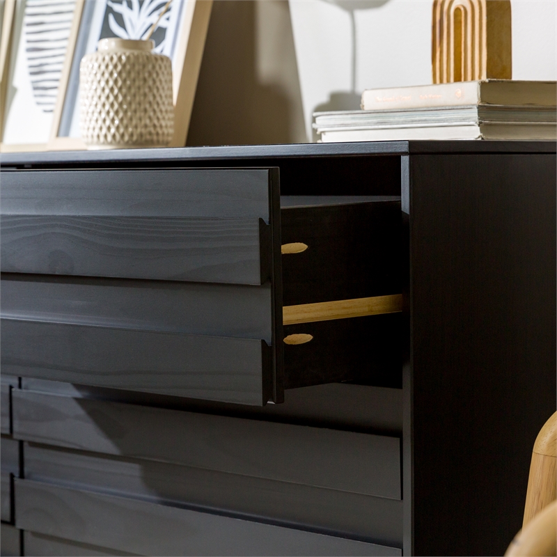 Pemberly Row Modern Channel Pull 6-Drawer Solid Wood Dresser 58 Inch Black