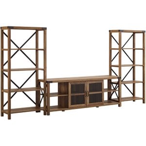 Pemberly Row Metal X-Accent Wall with 70&quot Glass Door TV Console in Rustic Oak