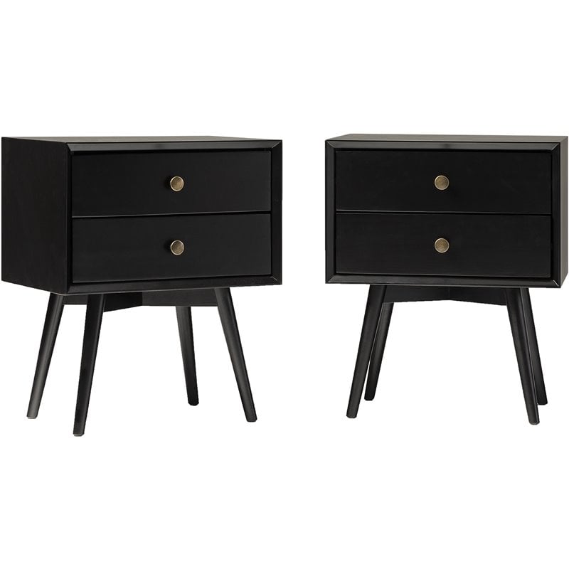 Pemberly Row Mid-Century 2-Piece Solid Wood Bedroom Nightstand Set in Black