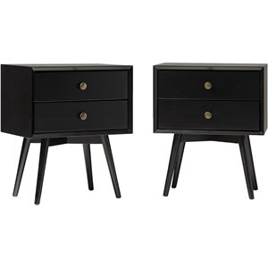 Pemberly Row Mid-Century 2-Piece Solid Wood Bedroom Nightstand Set in Black