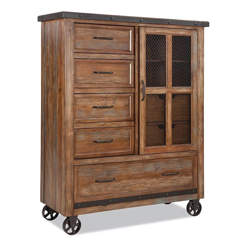 Pemberly Row 5-Drawer Solid Pine and Pine Veneer Wood Gentleman's Chest in Brown