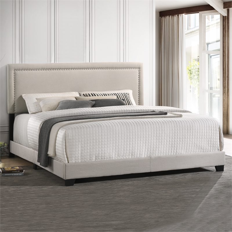 Pemberly Row Modern Fabric King Upholstered Bed in Fog Beige