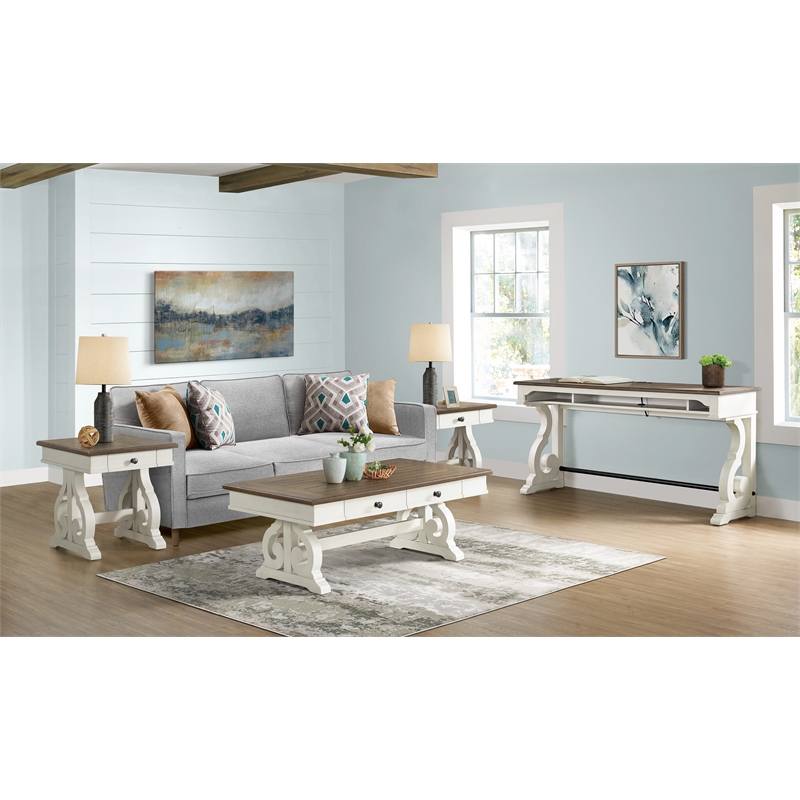 Pemberly Row Traditional Wood Coffee Table in Rustic White/Oak