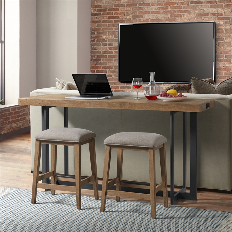 Pemberly Row Transitional Oak Veneer Wood Sofa Bar Table in Dune Brown