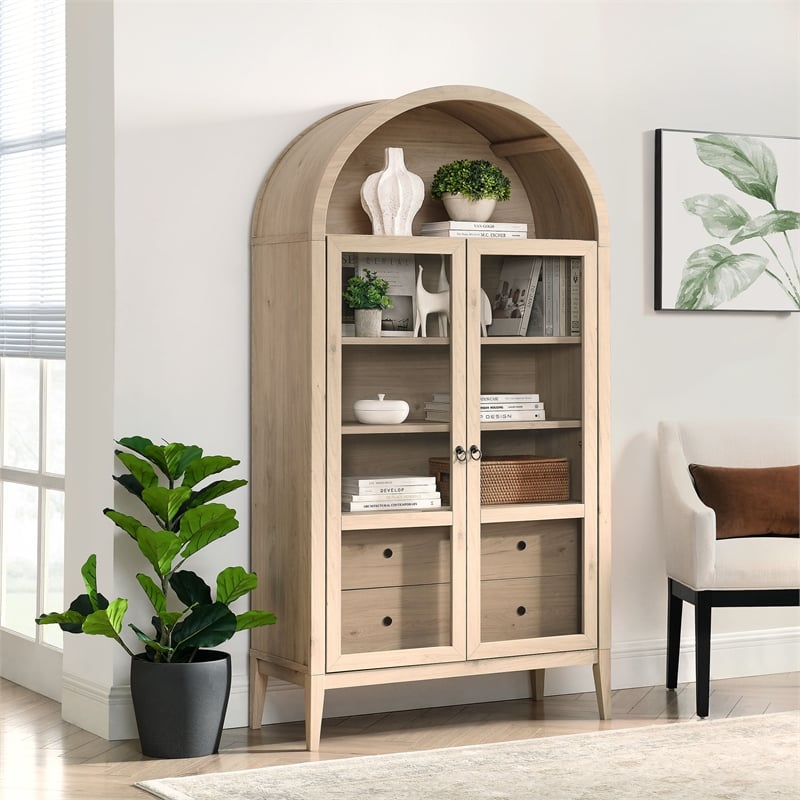 Pemberly Row Modern Wood Storage Display Cabinet in Light Oak
