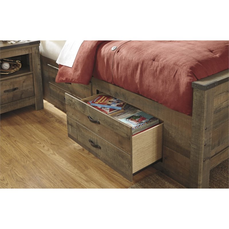 Pemberly Row Farmhouse Wood Twin Bed with Underbed Storage in Mahogany