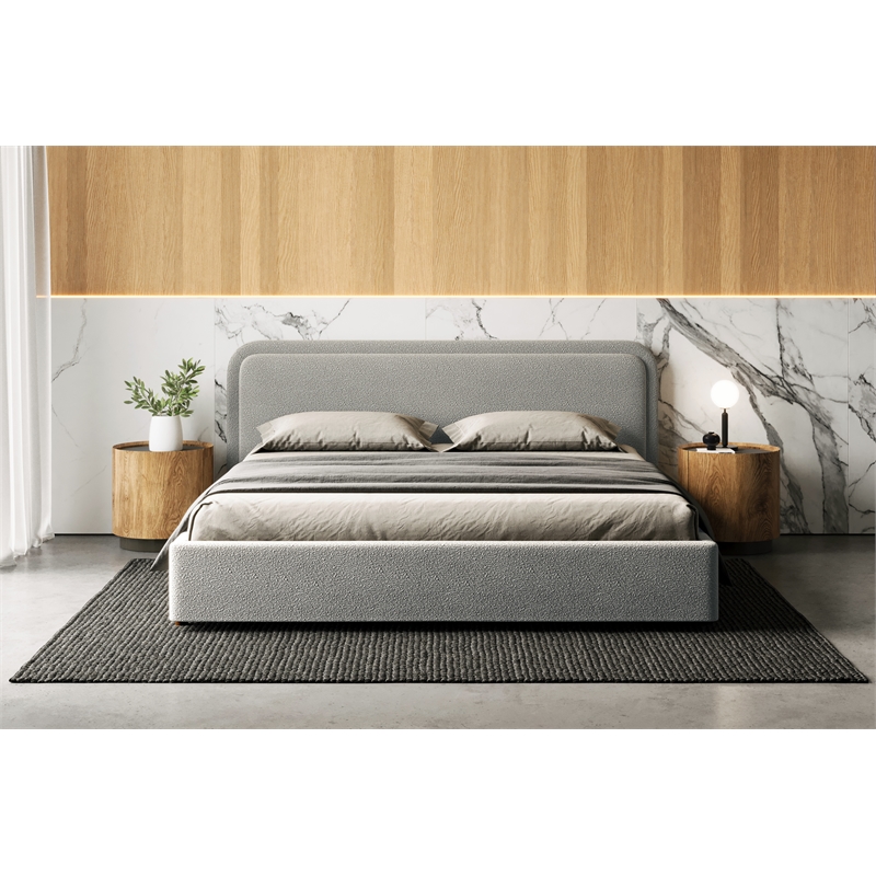 Pemberly Row Upholstered Platform King Bed in Gray Boucle Fabric