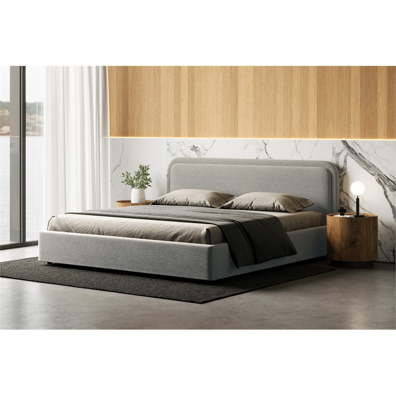 Pemberly Row Upholstered Platform King Bed in Gray Boucle Fabric