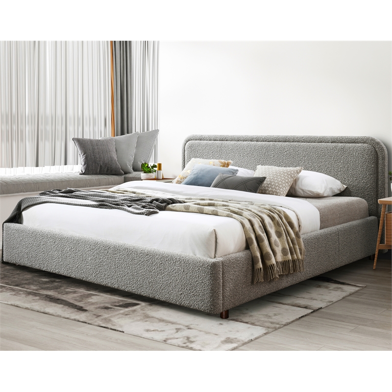 Pemberly Row Upholstered Platform King Bed in Gray Boucle Fabric