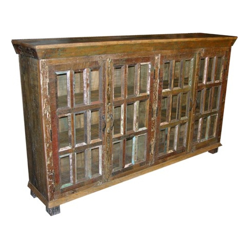 Pemberly Row Solid Wood 4 Door with Glass Inserts Buffet in Multi-Color