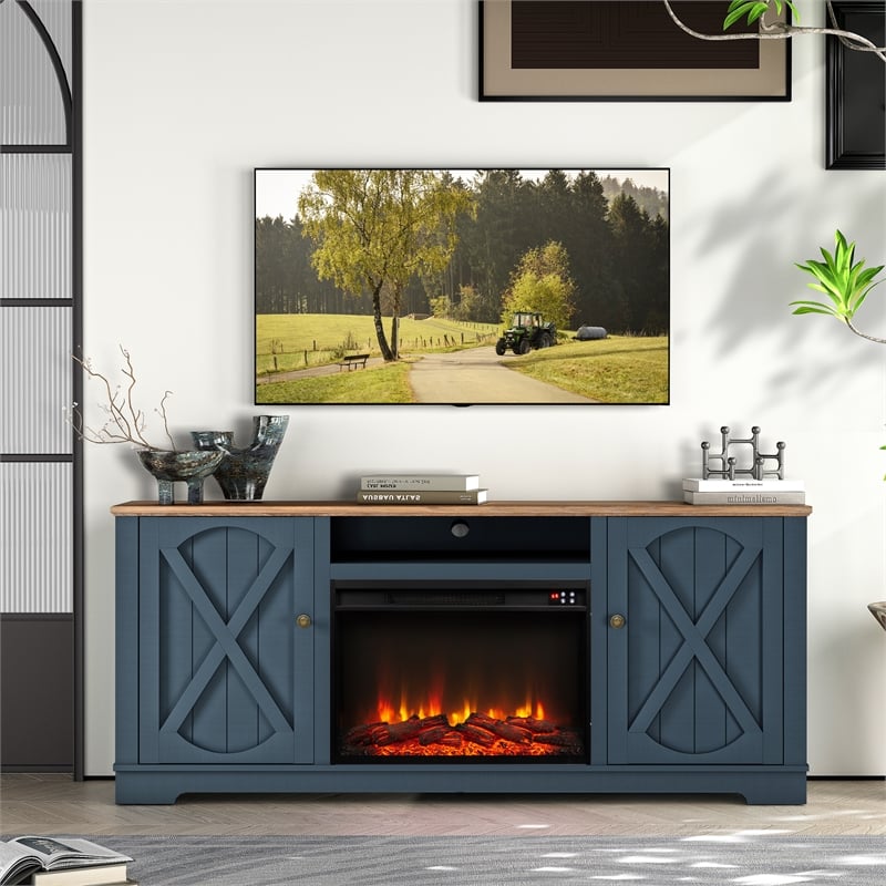 Pemberley Row Wood Navy TV Stand Farmhouse Fireplace 70