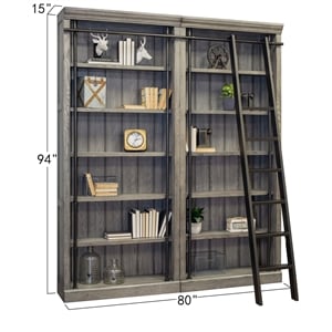 Pemberly Row 8' Tall Wood Bookcase Wall With Ladder Aged Office Bookcases - Gray