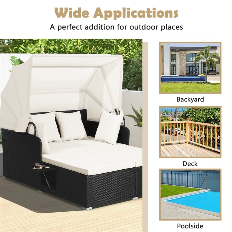 Pemberly Row Patio Rattan Daybed Lounge Retractable Top Canopy in White