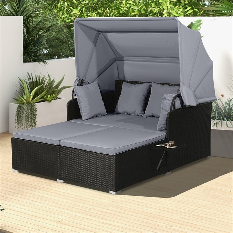 Pemberly Row Patio Rattan Daybed Lounge Retractable Top Canopy in Gray