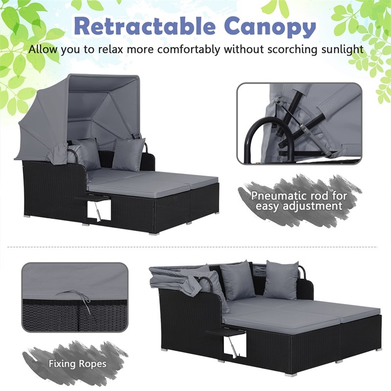 Pemberly Row Patio Rattan Daybed Lounge Retractable Top Canopy in Gray