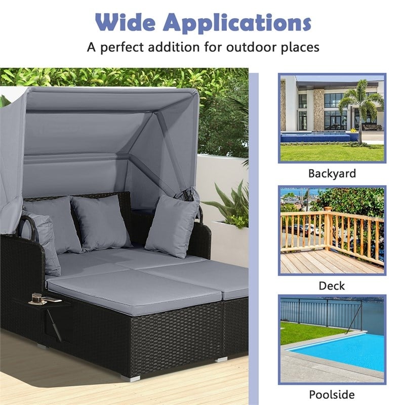 Pemberly Row Patio Rattan Daybed Lounge Retractable Top Canopy in Gray