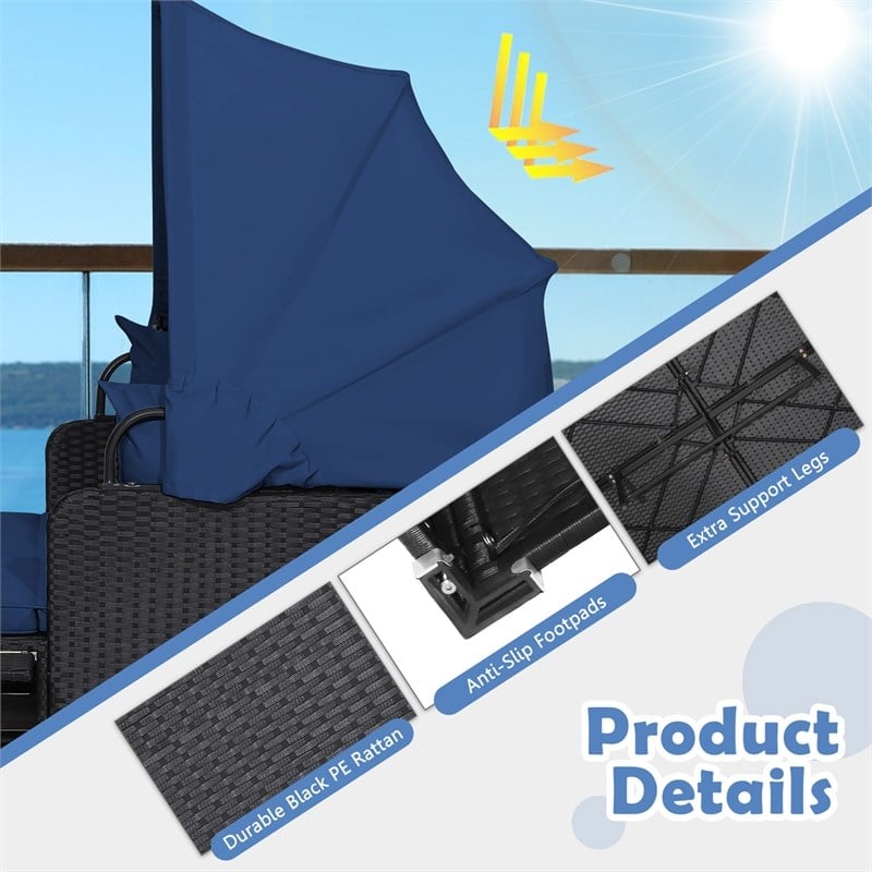Pemberly Row Patio Rattan Daybed Lounge Retractable Top Canopy in Navy