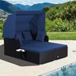 Pemberly Row Patio Rattan Daybed Lounge Retractable Top Canopy in Navy