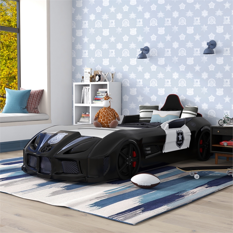 Pemberly Row Plastic Twin Race Car Bed with LED Light in Black
