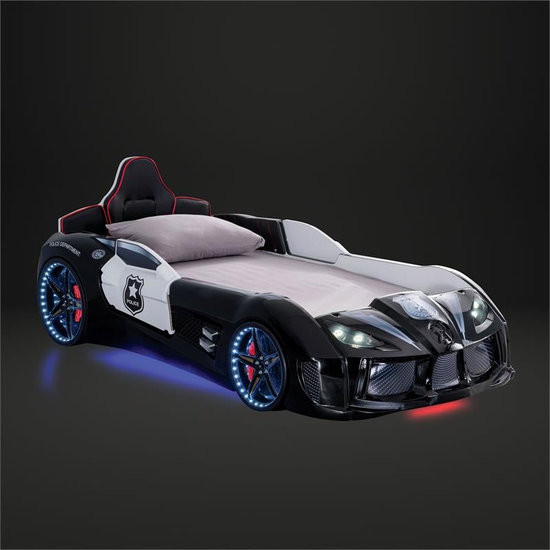 Pemberly Row Plastic Twin Race Car Bed with LED Light in Black