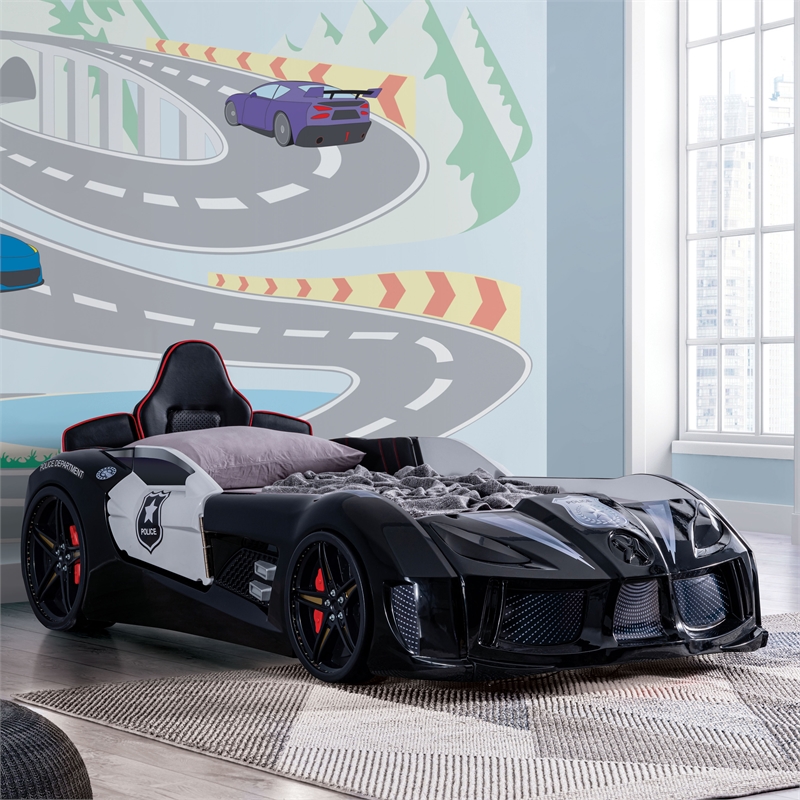 Pemberly Row Plastic Twin Race Car Bed with LED Light in Black