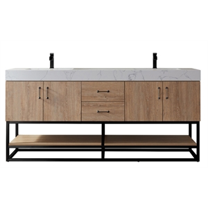 Pemberly Row 72&quot White Stone Top Oak Double Vanity Black Frame w/o Mirror