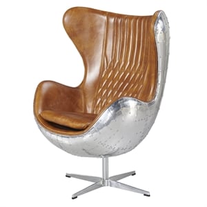 Pemberly Row Leather & Metal Spitfire Shell Egg Chair in Brown