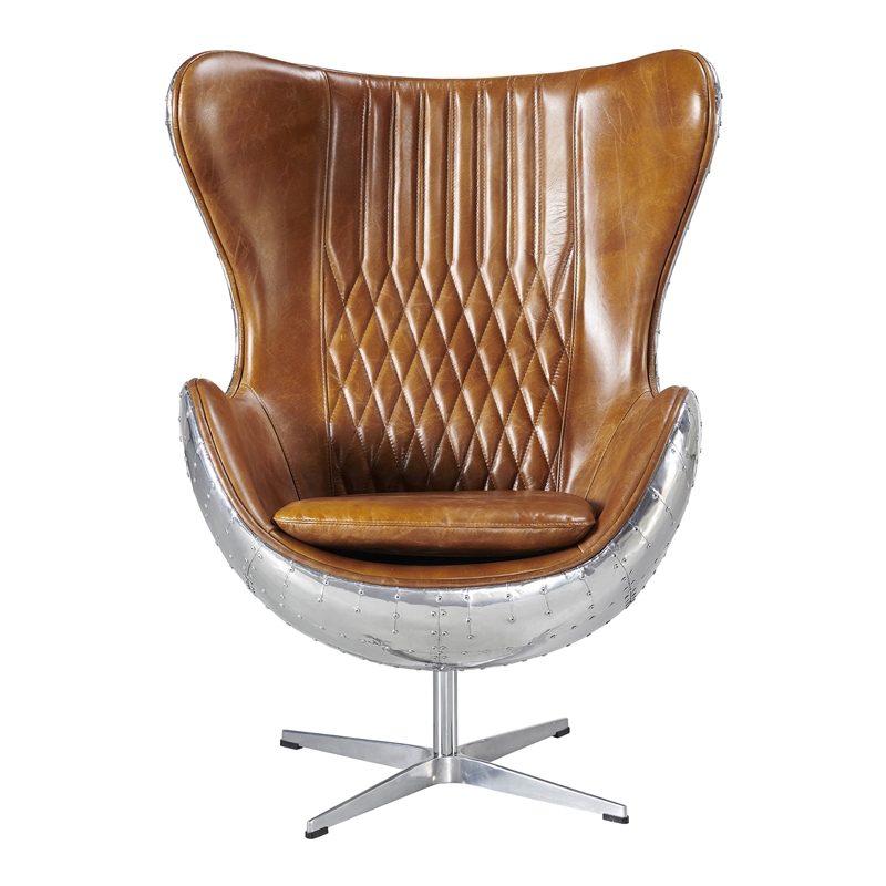 Pemberly Row Leather & Metal Spitfire Shell Egg Chair in Brown