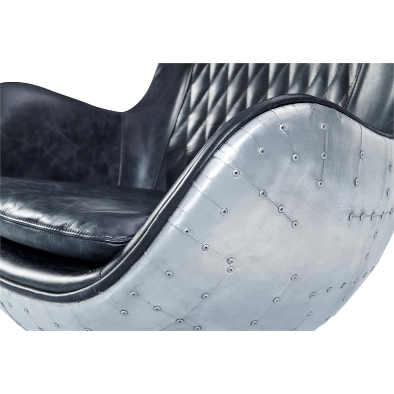 Pemberly Row Leather & Metal Spitfire Shell Egg Chair in Slate