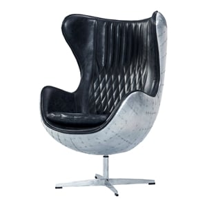 Pemberly Row Leather & Metal Spitfire Shell Egg Chair in Slate