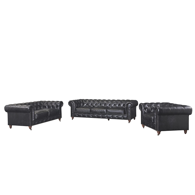 Pemberly Row Top Grain Leather Chesterfield Leather Loveseat in Black Finish