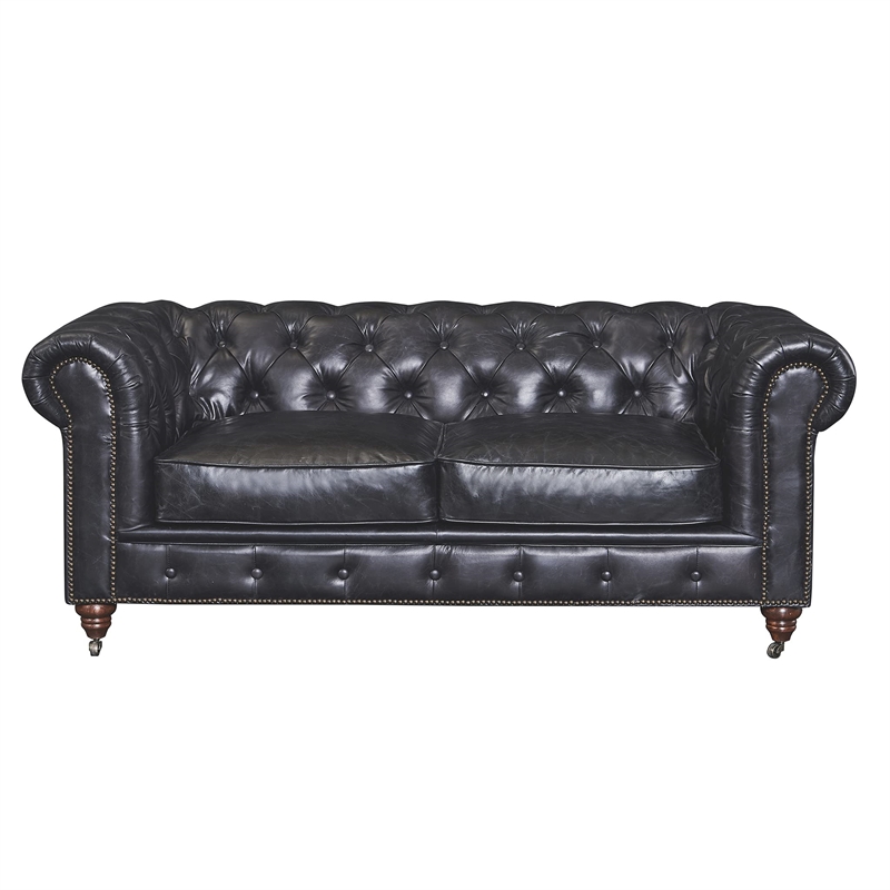 Pemberly Row Top Grain Leather Chesterfield Leather Loveseat in Black Finish