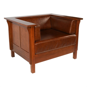 Pemberly Row Traditional Leather Panel Side Arm Chair in Chestnut