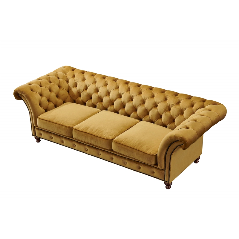 Pemberly Row Traditional Mission Fabric Sloped Arm Sofa in Yellow
