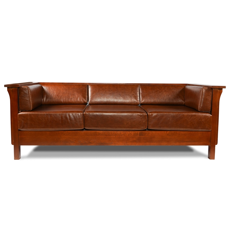 Pemberly Row Mission Cubic Slat Side Sofa in Chestnut Brown Leather