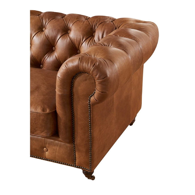 Pemberly Row Top Grain Leather Chesterfield Leather Arm Chair in Light Chestnut