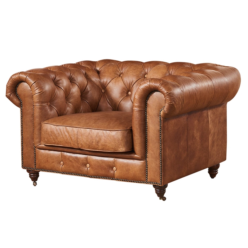 Pemberly Row Top Grain Leather Chesterfield Leather Arm Chair in Light Chestnut